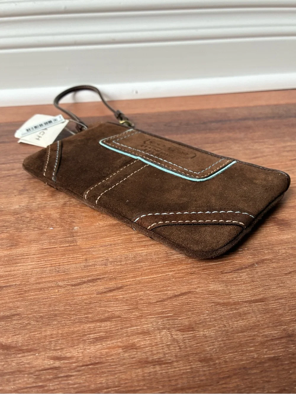Coach Suede Leather Wristlet Vintage NWT 6F31 Brown / Blue Trim